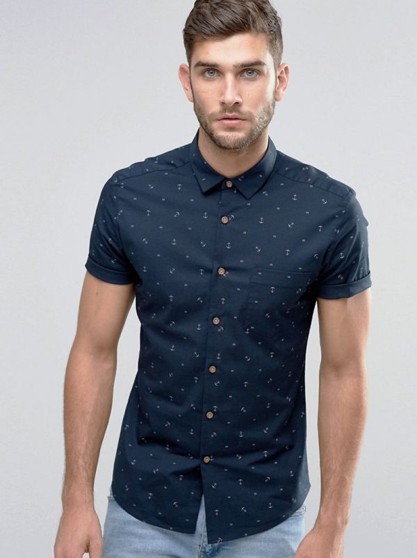 LEBAASS Men's Navy Blue Printed Casual Shirt